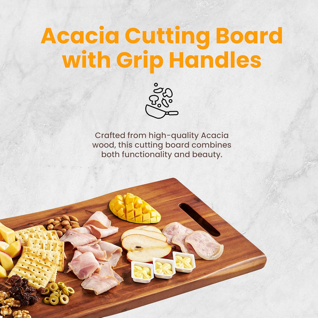 30" Large Acacia Wood Charcuterie Board, Built-in Handles, Raw Edge | Dual-sided Design, Extra Long Wooden Serving