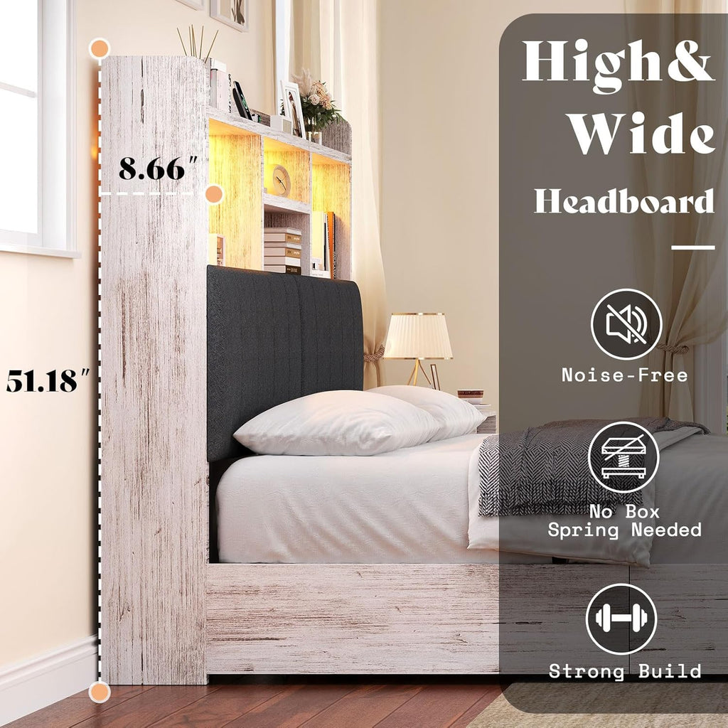 Queen Bed Frame with 51.2" Tall Bookcase Headboard, Farmhouse Platform Bed with 4 Storage Drawers, Linen Upholstered