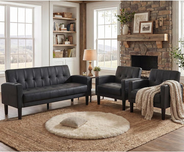 Sofa Couch, Living Room Furniture Sectional Sofa Sets 3 Pcs, Tufted Mid-Century Loveseat w/USB, Cupholders & Comfy