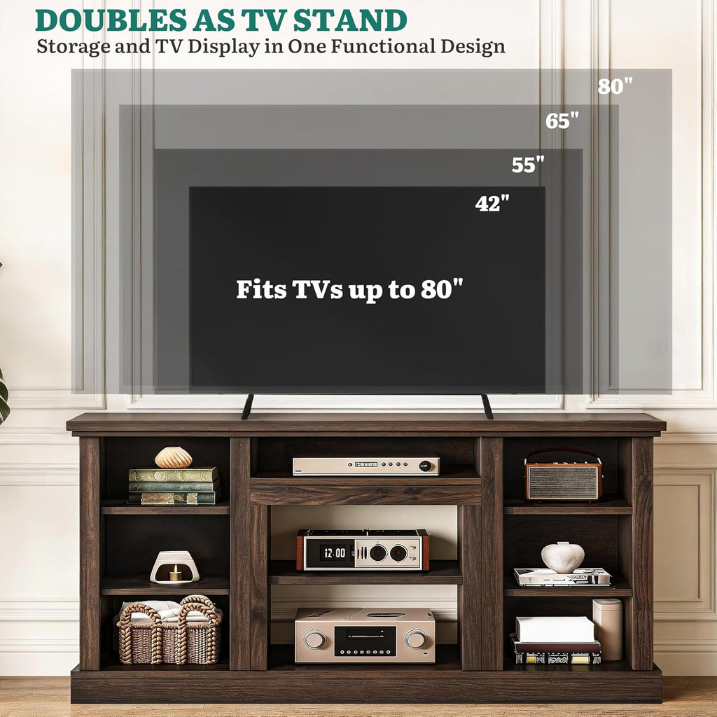 Farmhouse TV Stand for 75/80 Inch TVs, Entertainment Center with Adjustable Shelf & Open Storage, TV Console Table