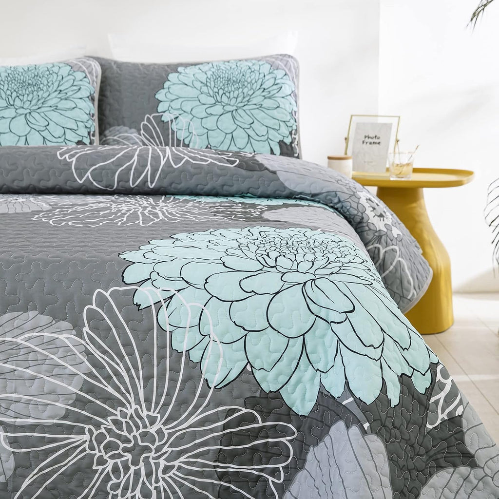 Green Floral Quilt Set - 3 Pieces Boho Flower Quilt Coverlet Elegant Bohemian Bedspread with 2 Pillowcases Soft