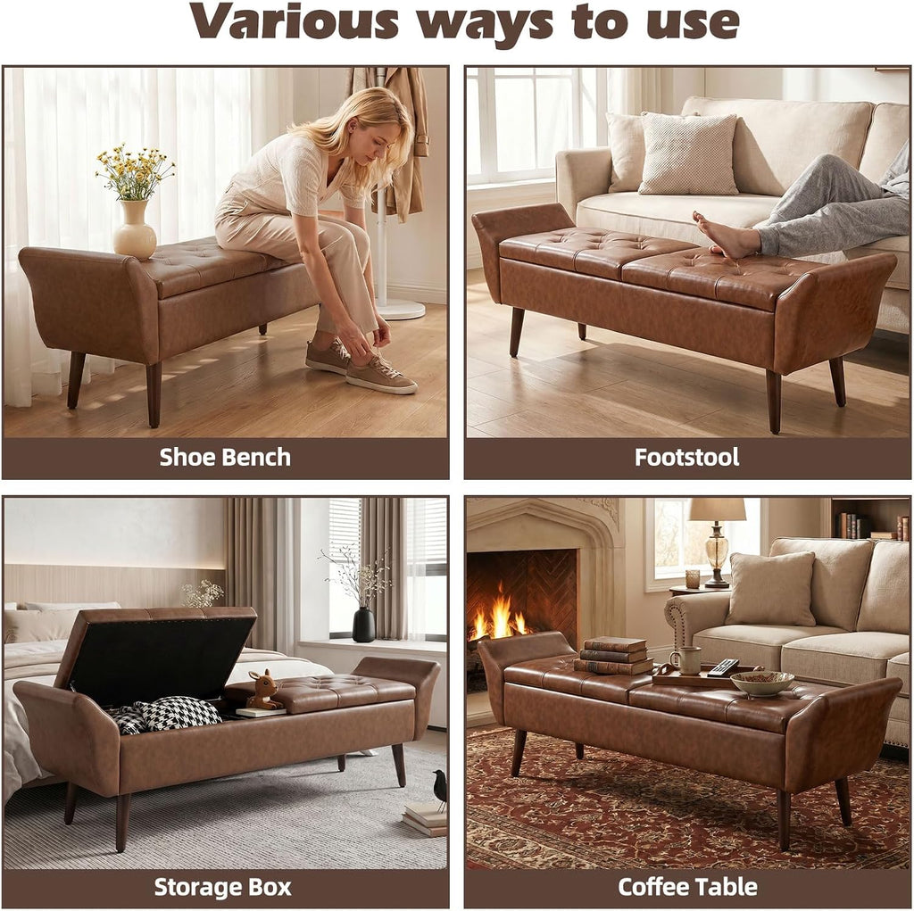 Storage Ottoman Bench 64'' Leather End of Bed Bench Easy-to-Assemble