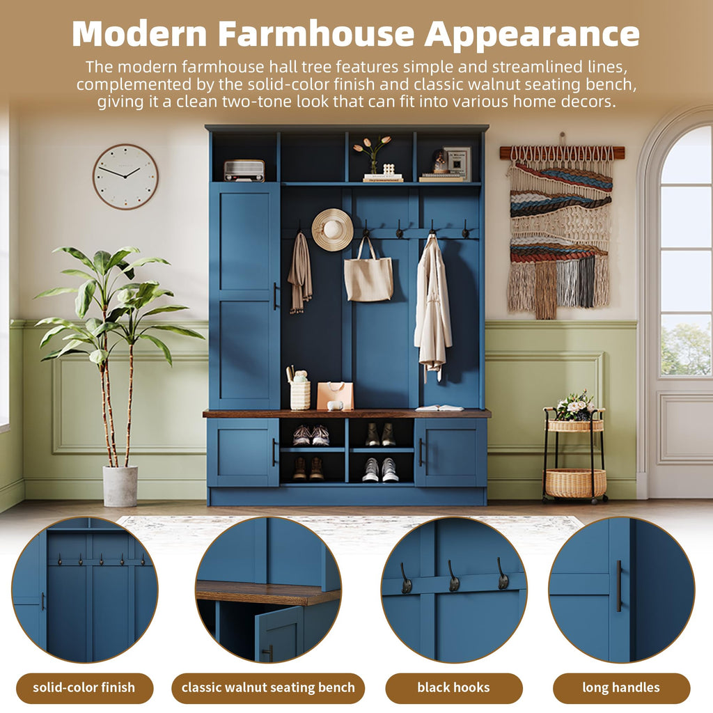 Farmhouse Versatile Wood Hall Tree 6 Hooks and Shoe Bench, Blue