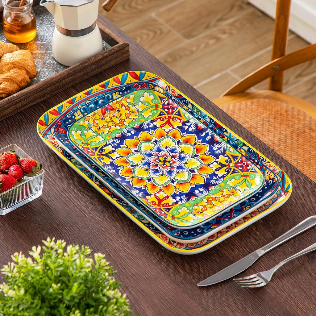 Serving Platters Set of 3, 16"/14"/12" In Rectangular Trays Retro | Ceramic Serving Dish for Entertaining Food
