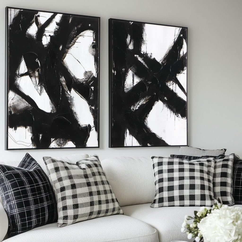 Black and White Abstract Canvas Wall Art - Framed 3 Pieces 20 x 28 Inches Modern Painting Prints with Hand-Painted