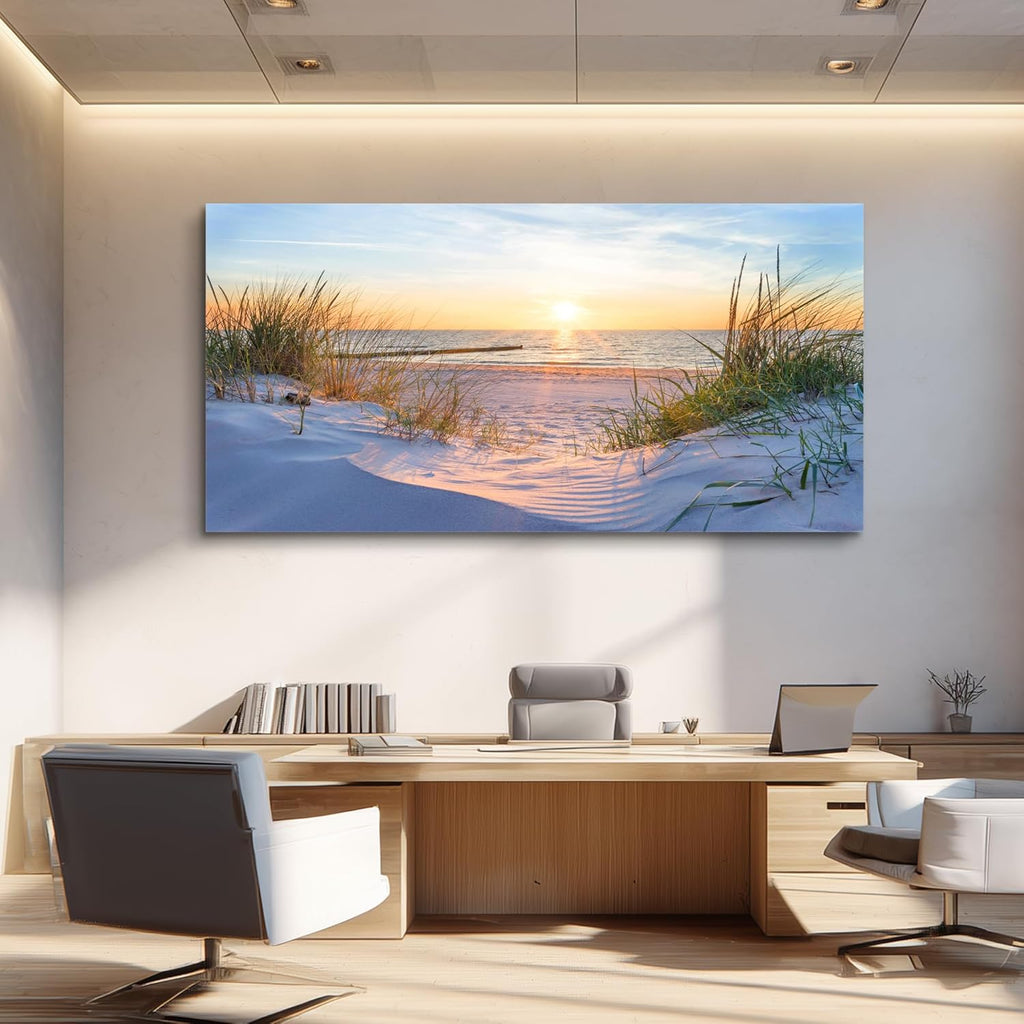 Wall Decor Large Canvas Wall Art Modern Office Pictures Blue Sun Beach Grass Ocean Landscape Paintings Canvas Art