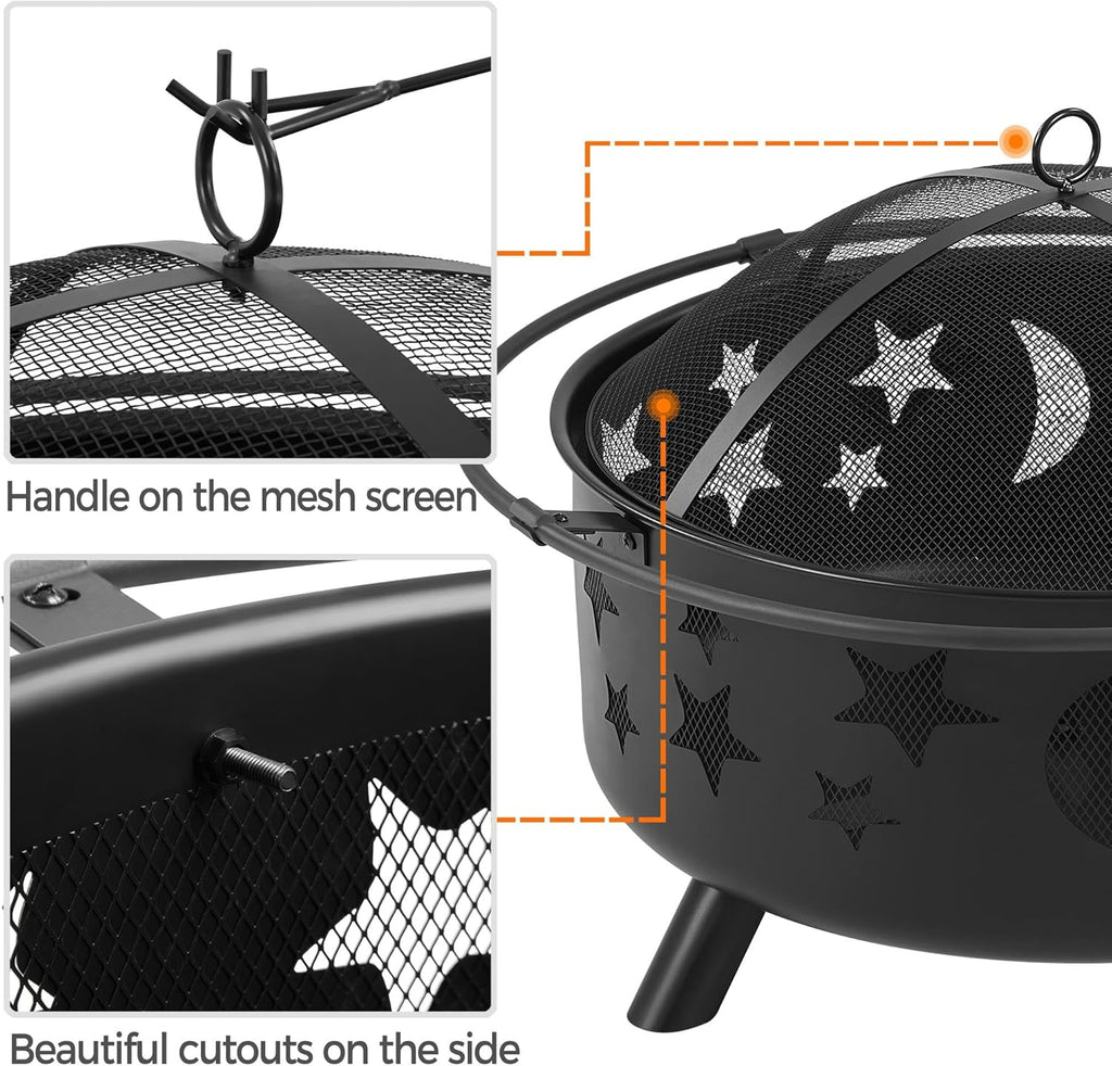 Fire Pit 30in Fire Pits for Outside Wood Burning Outdoor Fireplace with Spark Screen, Poker for Bonfire Patio Backyard Garden Picnic - Image 5
