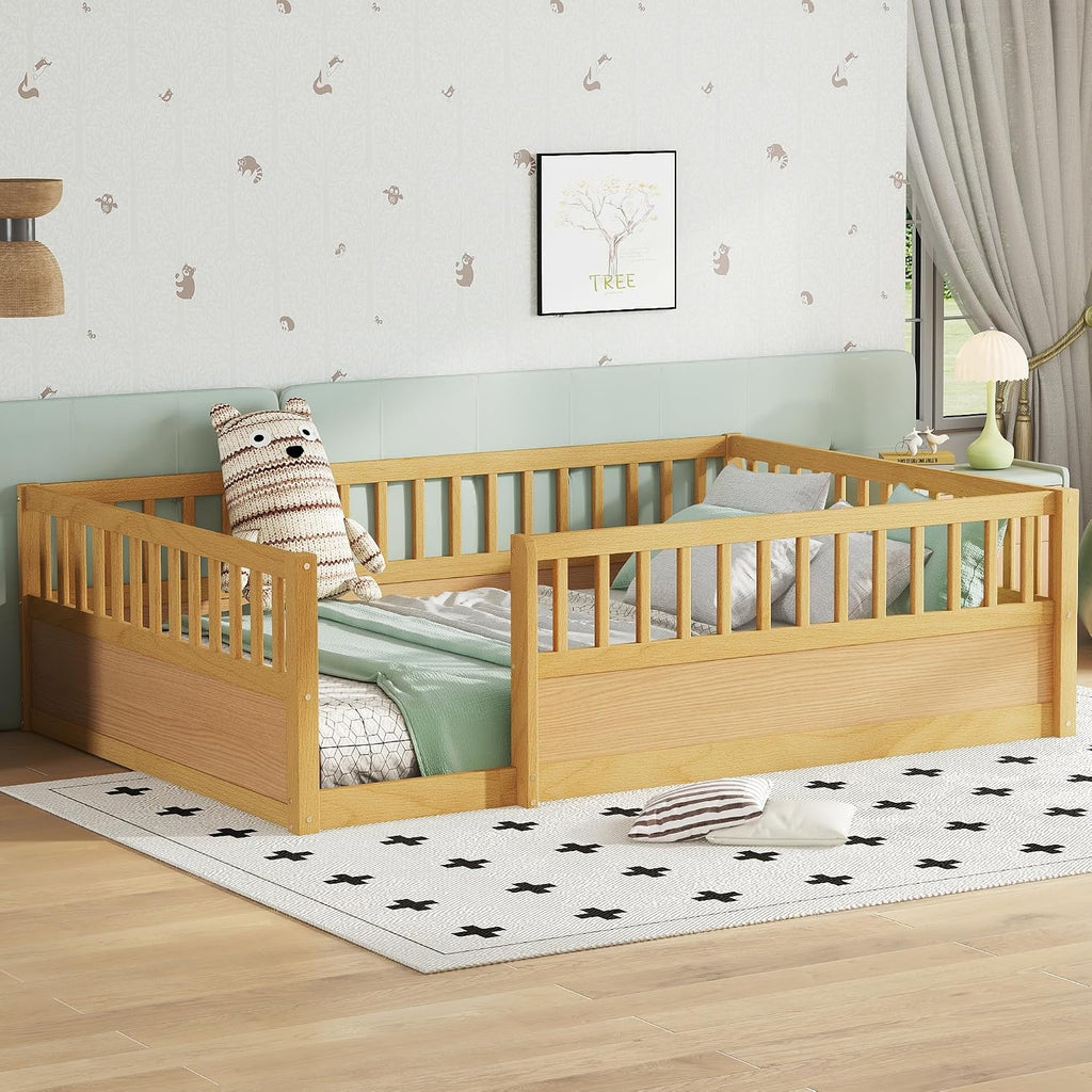 Full Size Kids Montessori Floor Bed Frame with High Fence,Natural | Solid Wood,Full Surround Safety Guardrails,Slat
