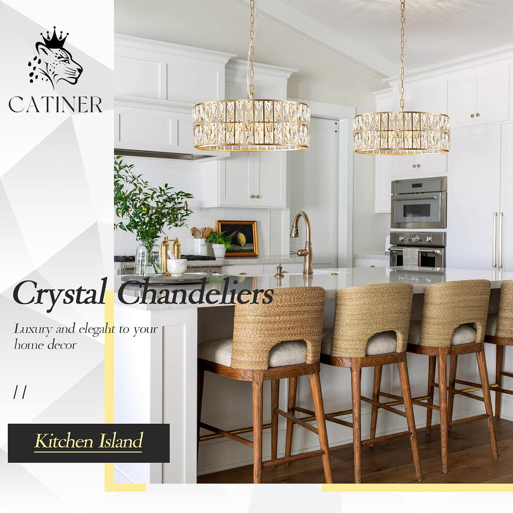 Modern Crystal Chandelier for Dining Room Gold Semi Flush Mount Ceiling Light Fixtures 18" Large Round Crystal