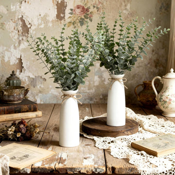 2 Pack Artificial Eucalyptus Stem in White Ceramic Vase 19" Fake Greenery Plants Decor 40 Pcs Modern Indoor Fake
