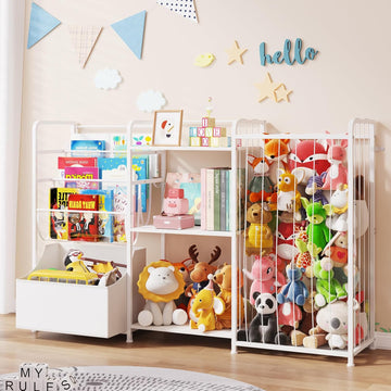 Kids Bookshelf and Toy Storage Organizer, 3-in-1 Toddler Montessori Bookcase with Stuffed Animal Storage & Movable