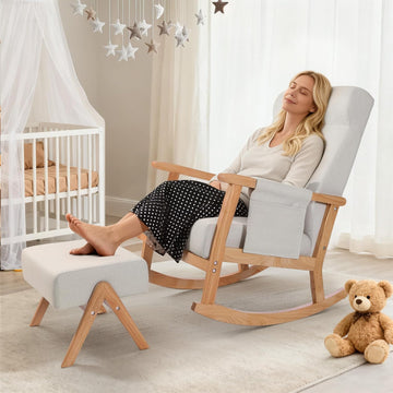 Rocking Chair Indoor with Ottoman, Lumbar Pillow & Side Pocket | Upholstered, High Back, Solid Wood Frame, with