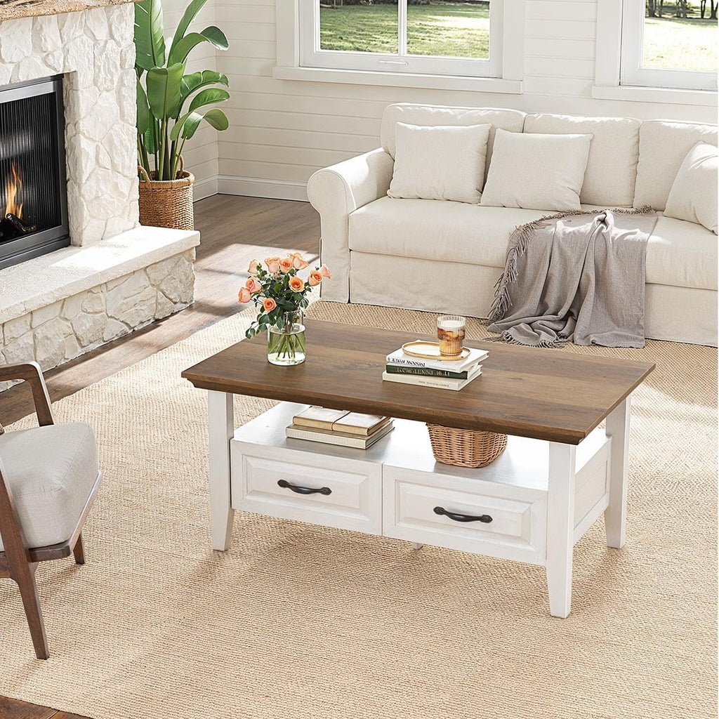 Farmhouse Coffee Table with Storage, 39.4" Wood Coffee Table, Rustic Center Table with 2 Drawers, Open Display Area
