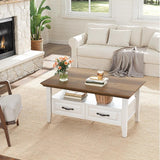 Farmhouse Coffee Table with Storage, 39.4" Wood Coffee Table, Rustic Center Table with 2 Drawers, Open Display Area