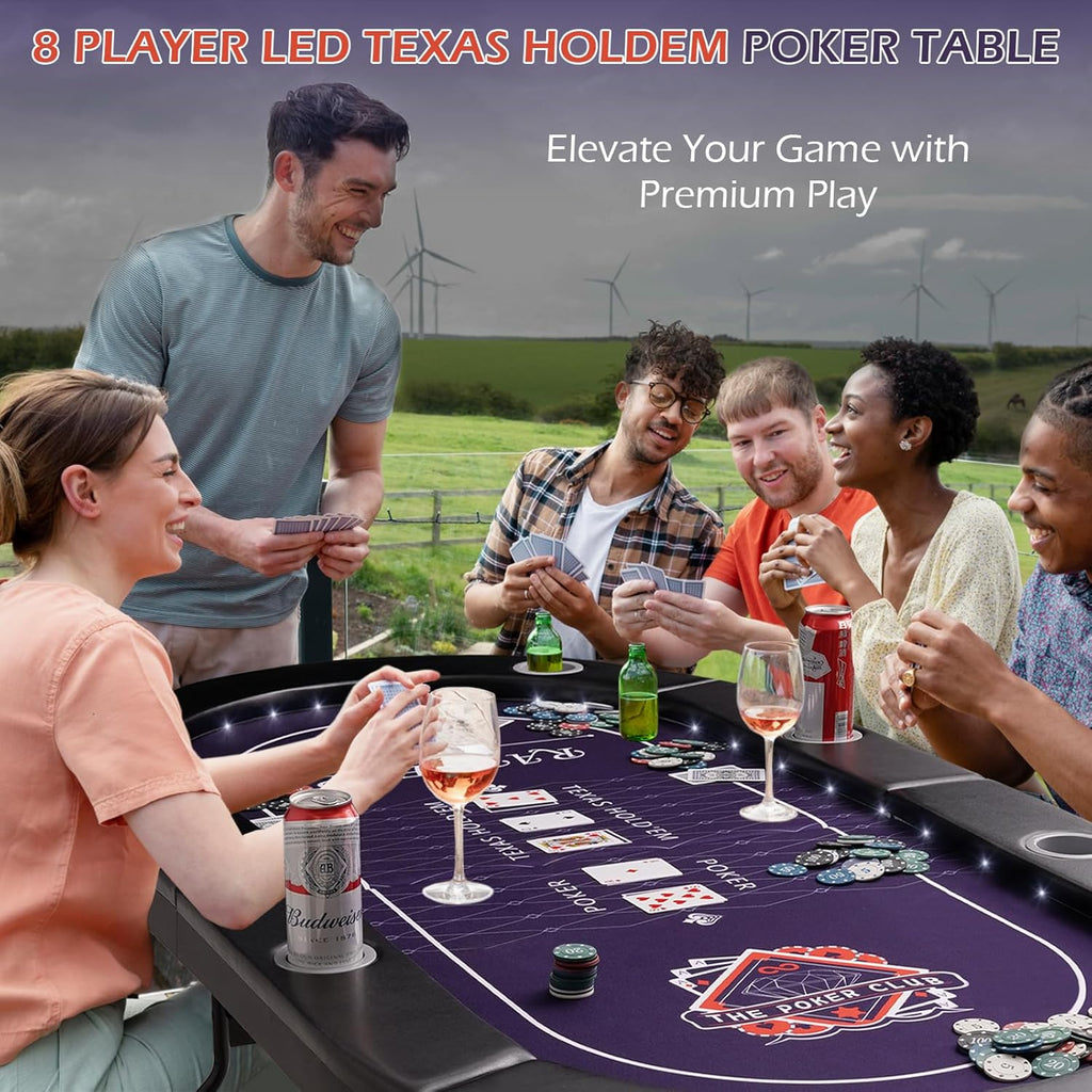 71" LED Poker Table - 8 Player Foldable Texas Hold'em Table with Built-in LED Lights, Padded Rails & 8 Cup Holders