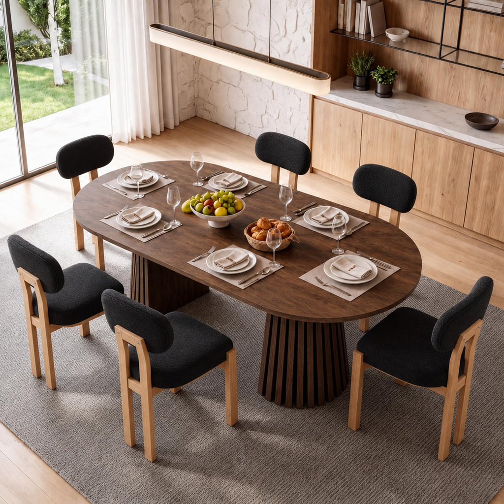 7-Piece Extendable Dining Table Set, 70" Walnut Table with 6 Black Chairs