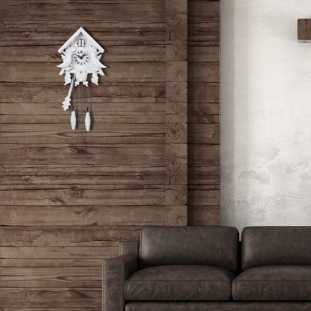 Cuckoo Clock with Night Mode, Wooden Decorations and Swinging Pendulum (White)