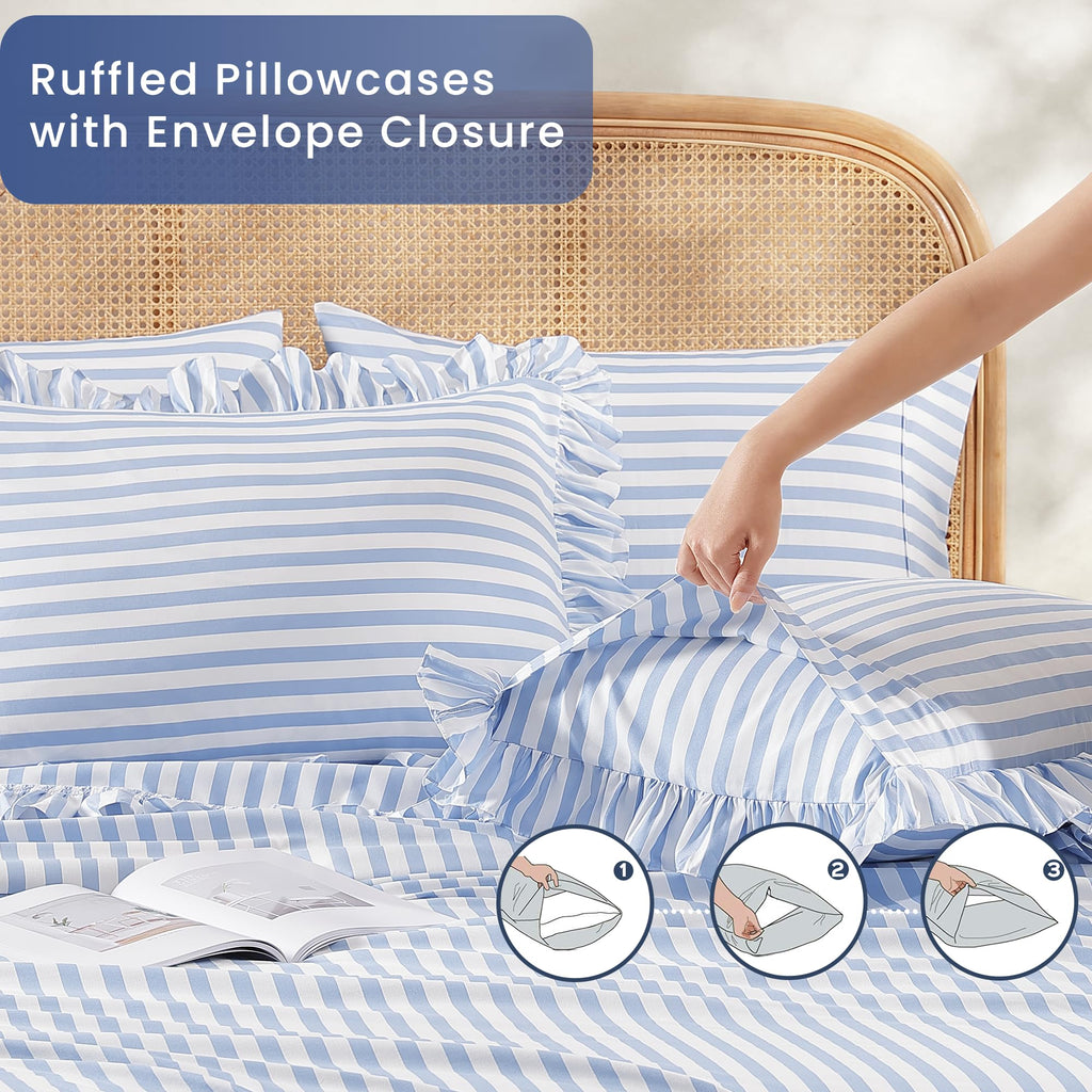 King Ruffle Sheet Set 4 Piece - Blue Stripe Soft Lightweight Microfiber Bedding with Deep Pocket, Breathable Ruffled