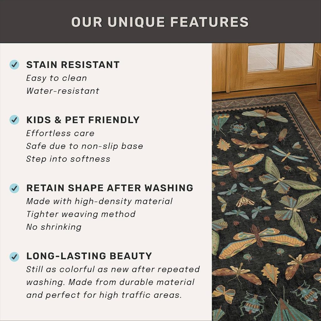 Dark Black Boho 2x10 Rug Runners for Hallways, Washable Non Slip Long Runner Rug, Low Pile & Soft Stain Resistant