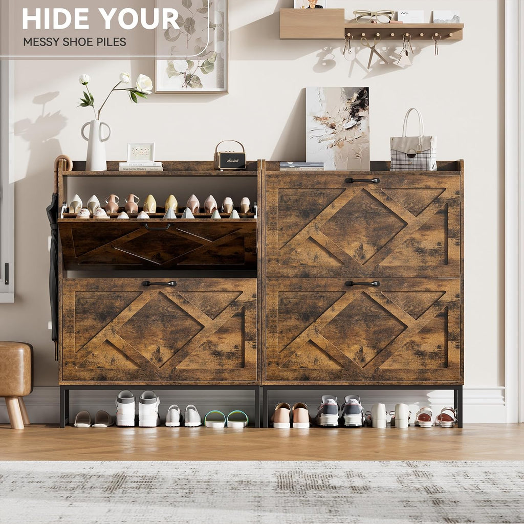 Shoe Cabinet Organizer with 2 Flip Drawers, Freestanding Narrow Rack with Metal Legs, Farmhouse Slim Shoe Storage