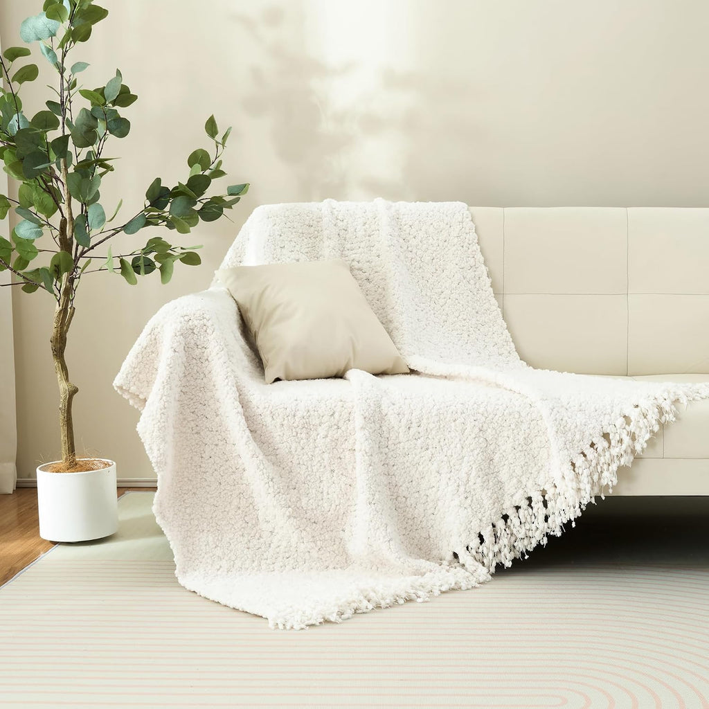 Throw Blanket, White Luxury Knitted Throws 50"x60", Textured Blankets with Handmade Fringe Tassels, Chunky Soft