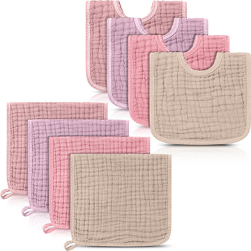 8 Pack Muslin Burp Cloths and Baby Bibs for Boy Girls, Pink Series