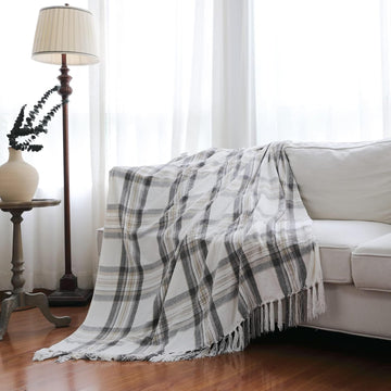 Farmhouse Plaid Chenille Throw Blanket, Velvety Grey Taupe and Ivory White Decorative Tartan Throw with Fringe, 50 x