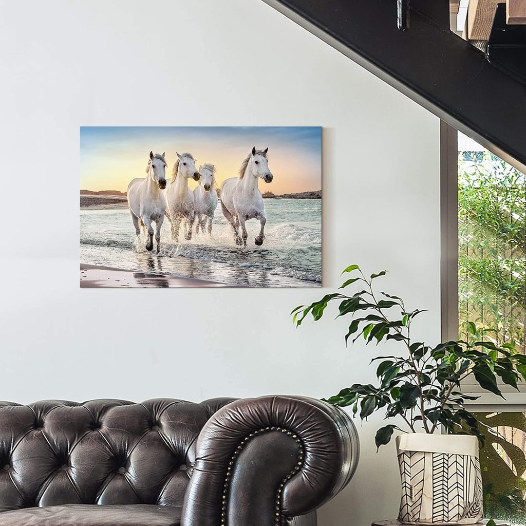 Beach Horse Canvas Wall Art: White Elegant Equines Photo Prints Graceful Seaside Animals Office Painting Ocean Steeds