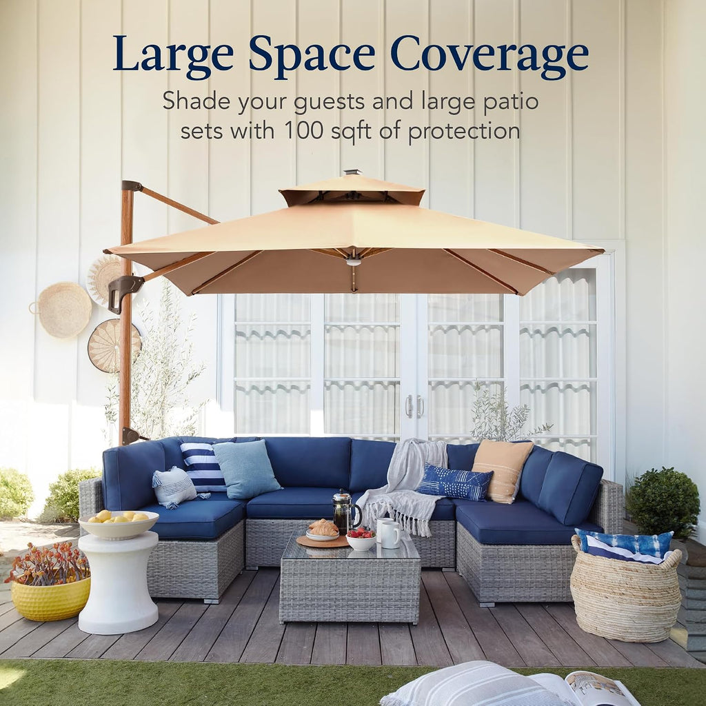 10ft Square Cantilever Patio Umbrella w/Base Included, Woodgrain Pattern Pole & Solar LED Lights, 360-Rotation