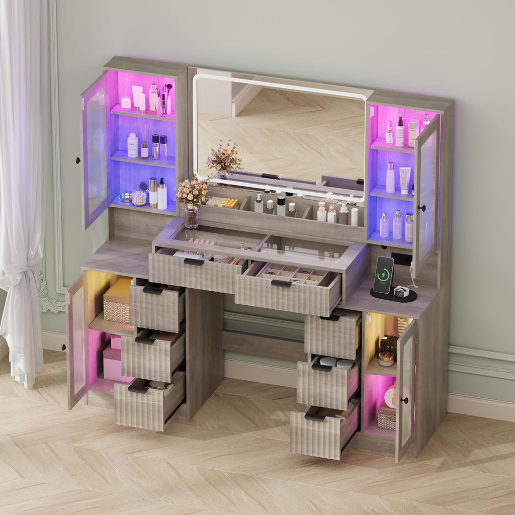 Fluted Makeup Vanity Desk with Mirror and Lights, 55" Glass Top Vanity with 8 Drawers & 4 RGB Glass Cabinets