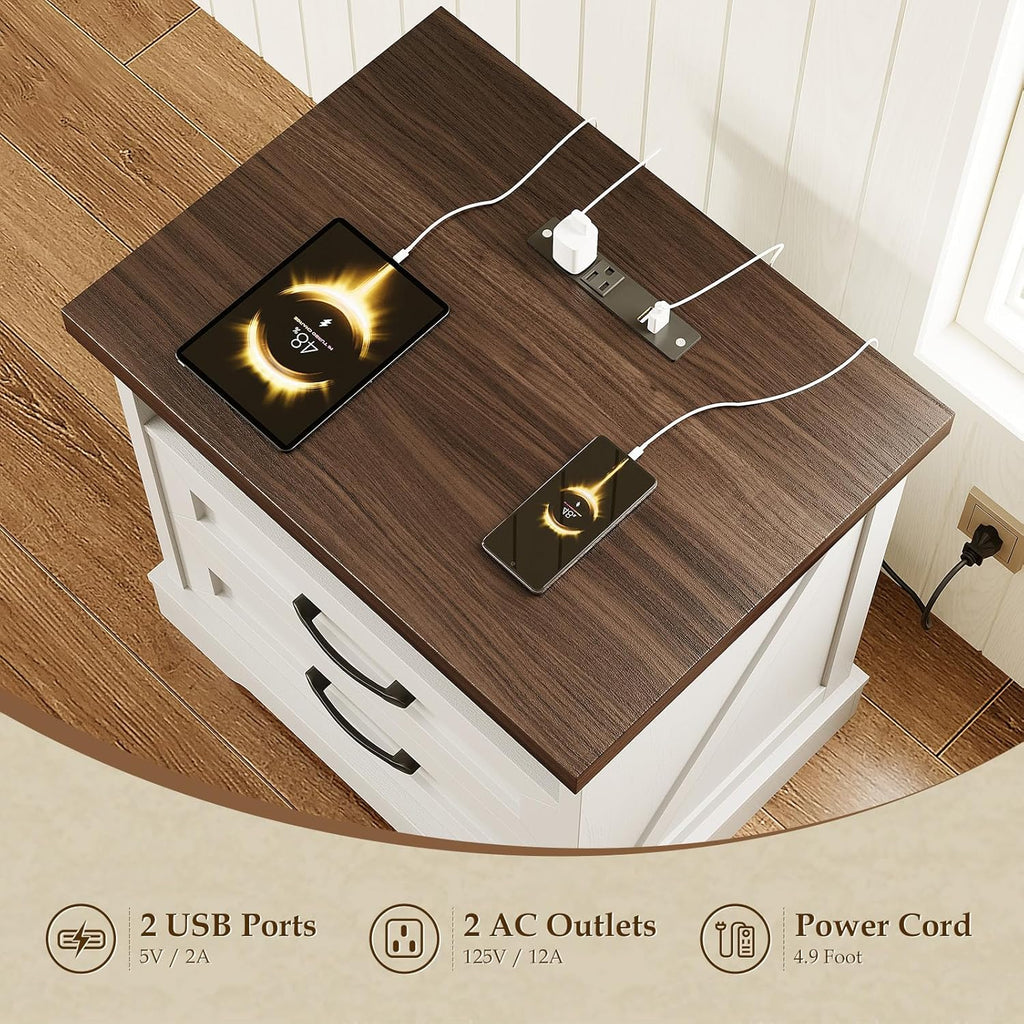 24 Inch Farmhouse Nightstand with Charging Station, Wood Bedside Table with 2 Drawers and Open Shelf, Rustic End