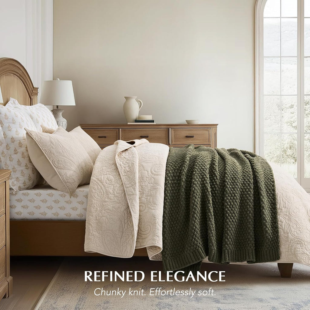 Chunky Chenille Knit Throw Blanket, Soft Luxurious Moss Stitch Chair Blankets, Cozy Decorative Farmhouse Knitted