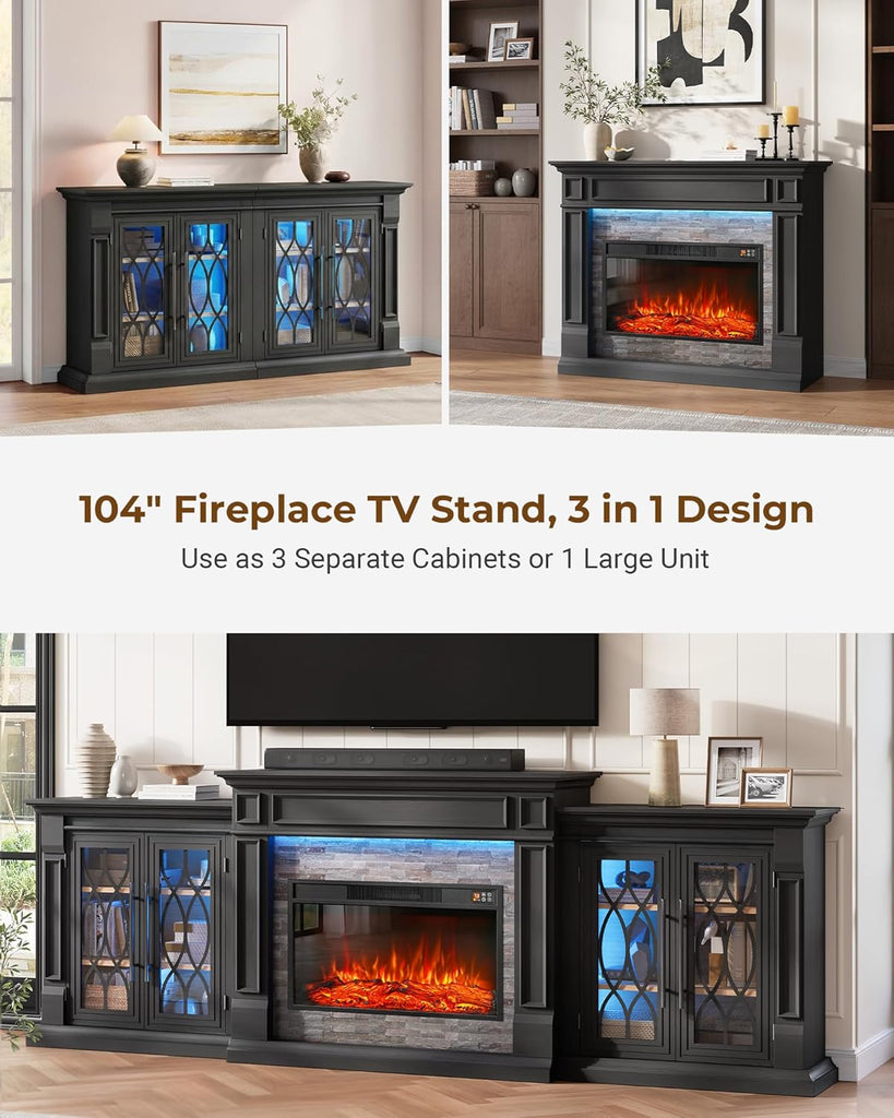104" Sectional Fireplace TV Stand with LED/Outlet, 3 in 1 Modular | Media Entertainment Center with Storage for TVs