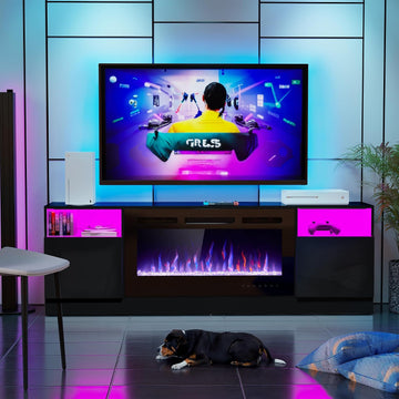 Fireplace TV Stand, LED Light Entertainment Center with 36 Electric Fireplace and Storage Cabinet, Media Console