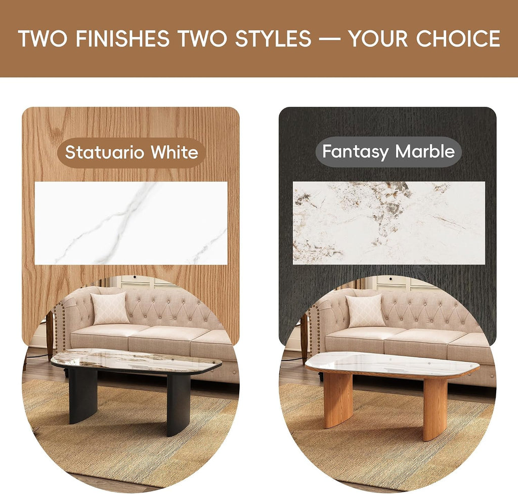 Luxury Marble Coffee Table, Premium Sintered Stone Top, Natural Wood Look Base, Modern Design Stone Cocktail Table, Ma