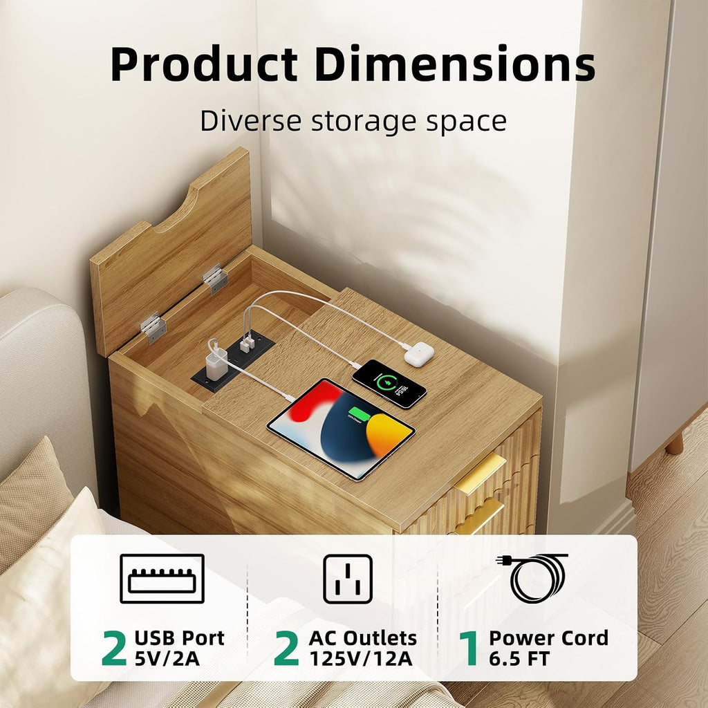 Narrow Nightstand with Hidden Outlets & USB Ports, Modern Fluted Bedside Table with 3 Drawers, Engineering Wooden End