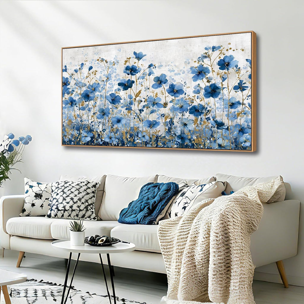 Floral Canvas Wall Art Blue & Gold Framed Flower Print Ready to Hang Modern Boho Decor Bedroom Dining Room