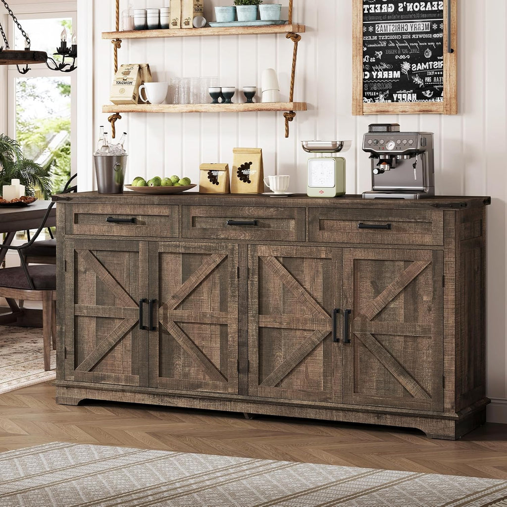 Buffet Cabinet, 61” Large Sideboard Buffet Storage Cabinet with 3 Drawers, Farmhouse Coffee Bar with 4 Doors