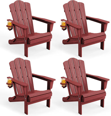 Folding Adirondack Chair Set of 4 with Cup Holder, Red | HDPE All-Weather Patio Chairs, Wooden Textured Lawn Chair