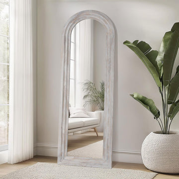 Rustic Wood Floor Full Length Mirror with Stand, 64"X21" Arched