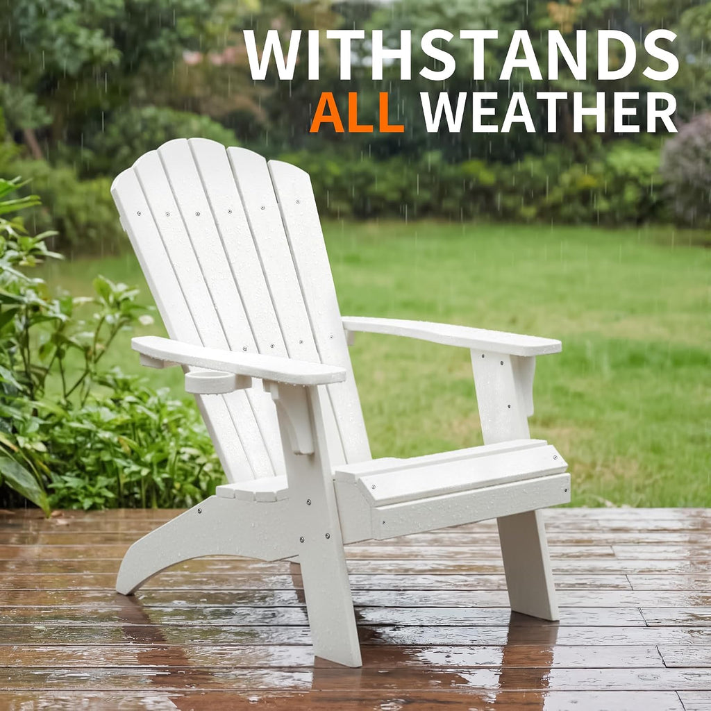 Oversized Adirondack Chairs with Cup Holder, White | Poly Lumber Patio Chairs,350Lbs Support, All Weather Patio
