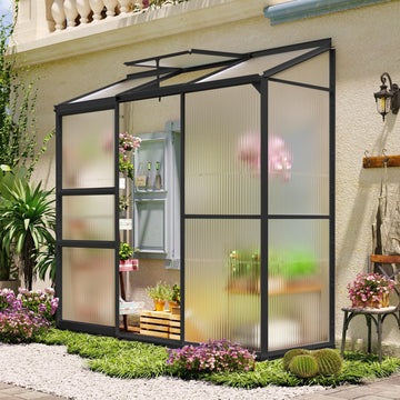 Lean-to Polycarbonate Greenhouse 6x2 FT, Black, Outdoor Garden