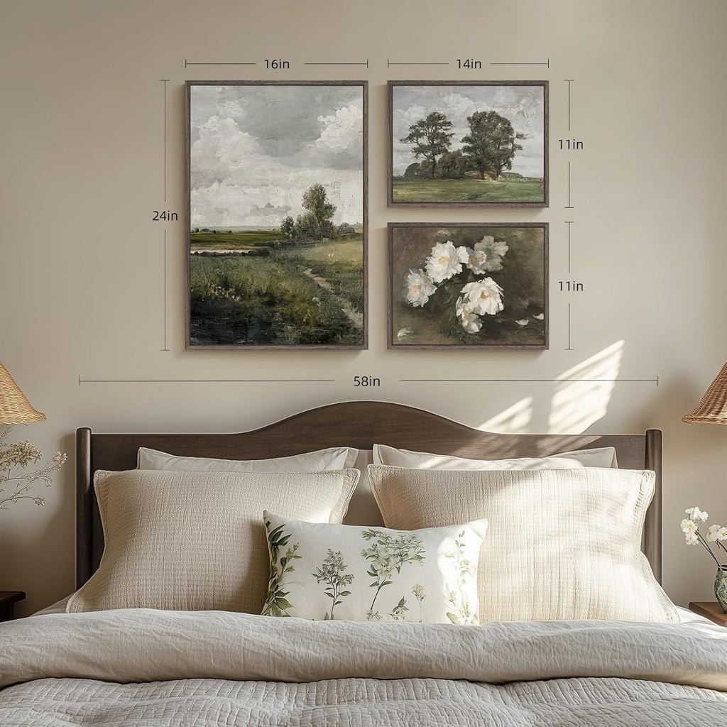 3 Piece Framed Vintage Landscape Canvas Wall Art Set, Large Green Tree and Floral Farmhouse Artwork for Walls, French