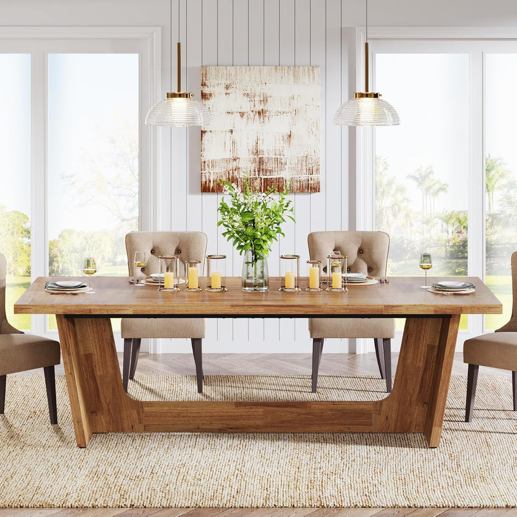 70.87-Inch Large Dining Table: Wood Long Dining Room Table for 6-8, Rectangular Farmhouse Kitchen Dinner Table with Solid Pedestal, Yellow Brown