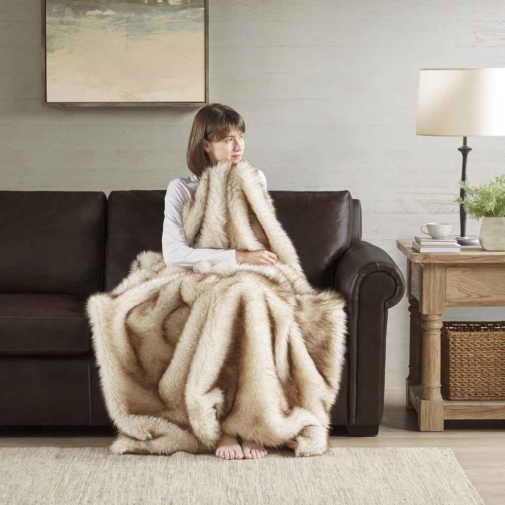 Faux Fur Throw Blanket - Ultra Long Pile, Luxury Fluffy Fox Golden with Brown Tipped Throws, Fuzzy Plush Blankets for