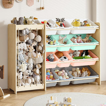 Kids Toy Storage Organizer, 2-in-1 Stuffed Animal Storage & Toy Organizer w/12 Bins, Solid Wood Toy Rack Featuring