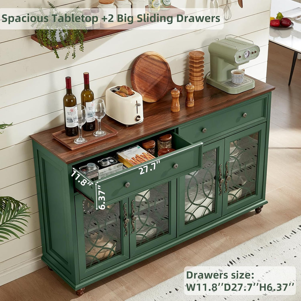 Farmhouse Sideboard Buffet Cabinet with Storage,Adjustable Shelves Console Table,59" Large Credenza with 4 Glass Doors