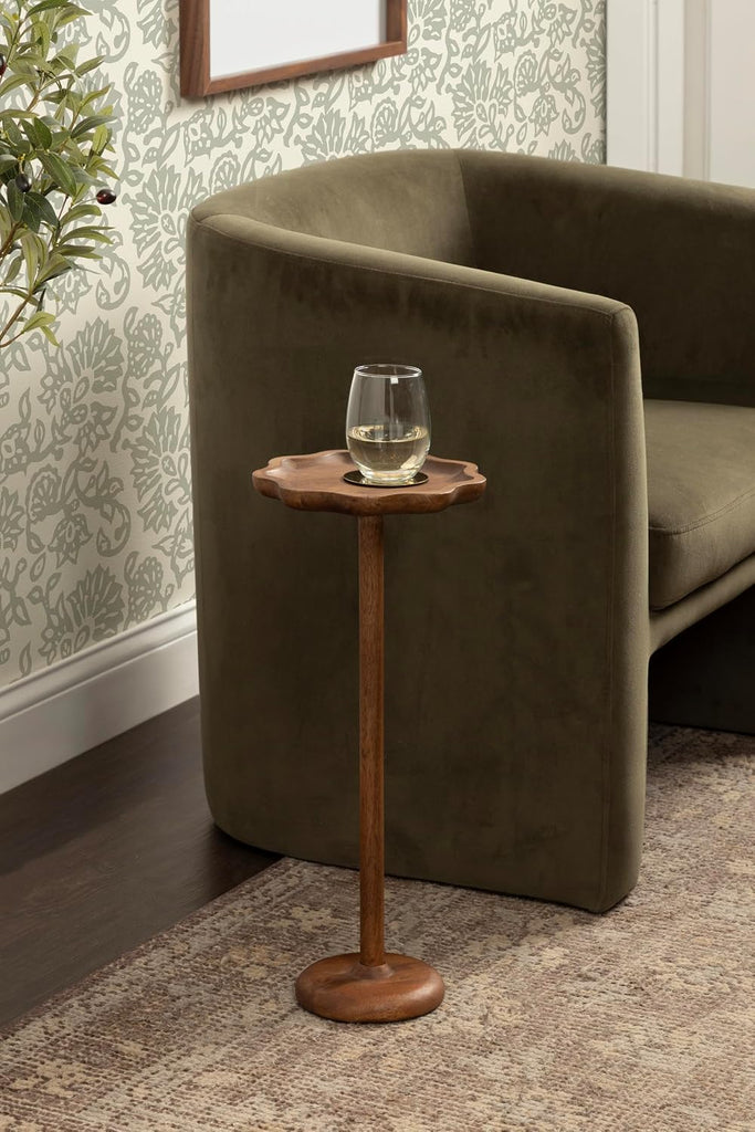 Alezar Modern Mango Wood Drink Table, 9 x 9 x 22, Walnut Brown, Transitional Round Pedestal Table with Wavy Edge for