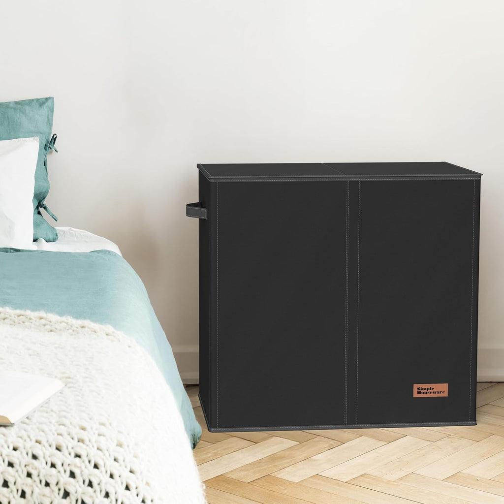Double Laundry Hamper with Lid & Removable Bags, Black | Heavy Duty 600D Polyester, Water-Resistant Surface