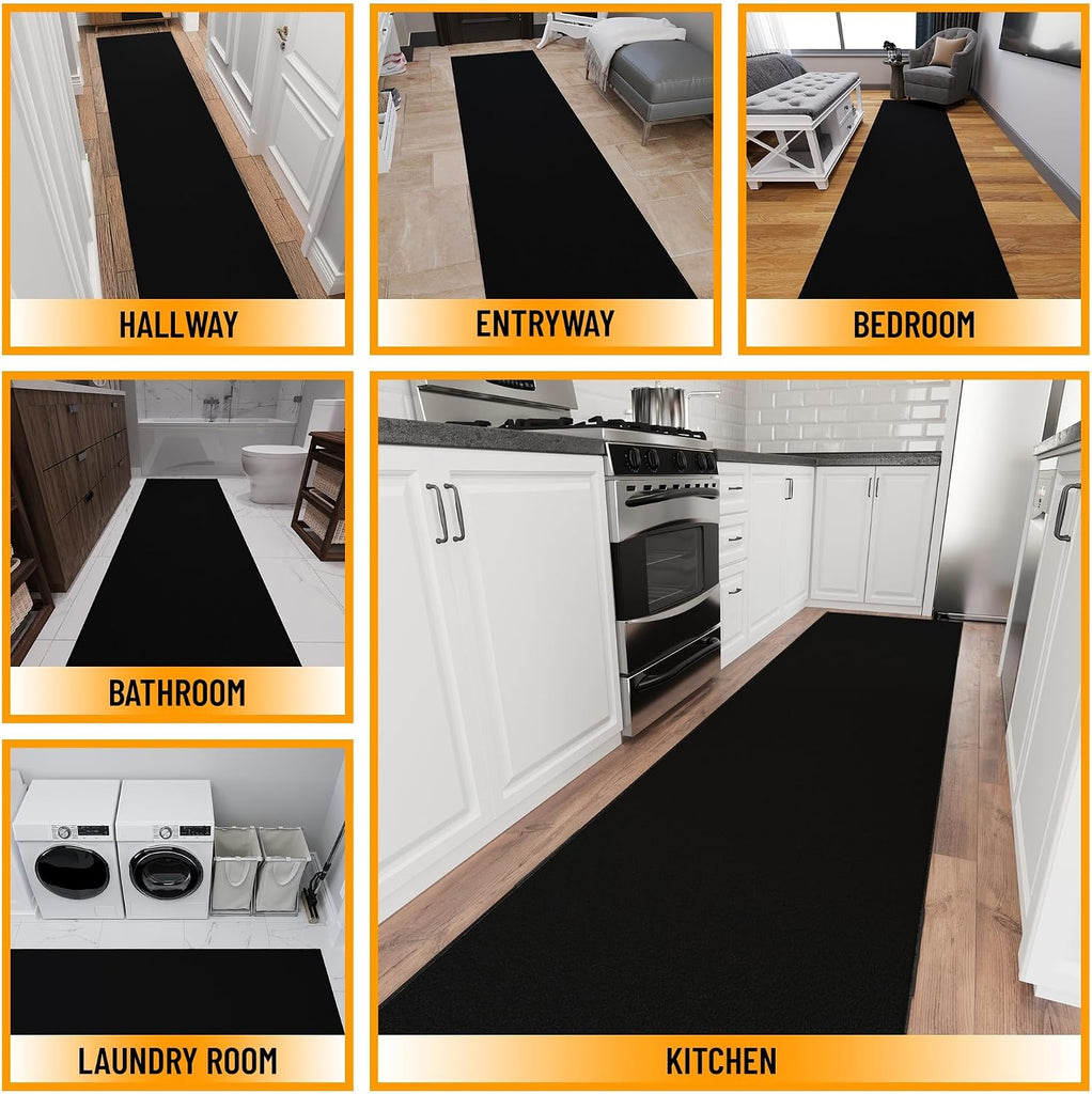 3x22 Extra Long Hallway Runner Rug - Stair Carpet Runner | 22ft Non-Slip Rugs Runner - Black Solid Th Floor Mat, 31"